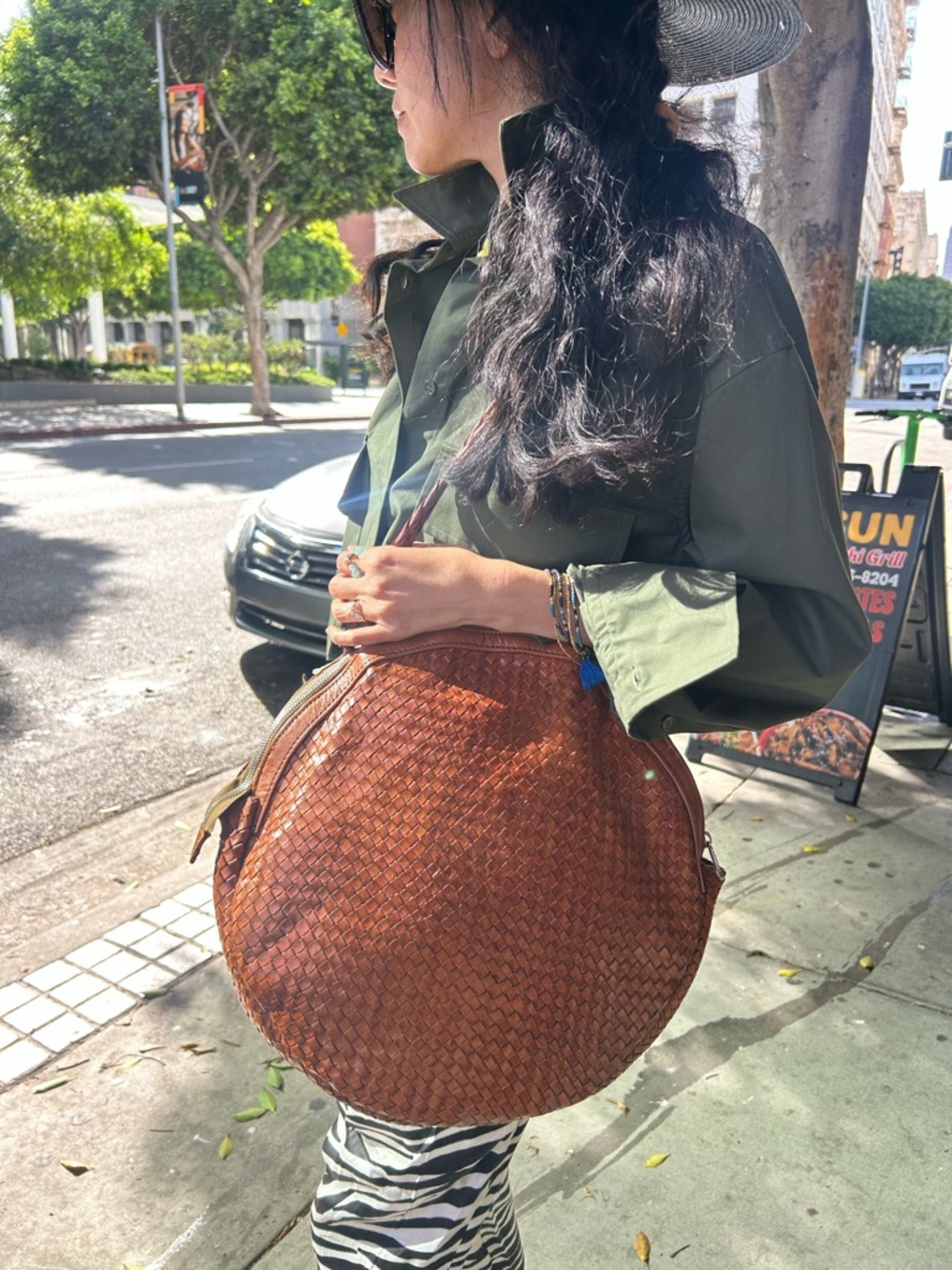 Round Woven Leather Shoulder Bag - Tan